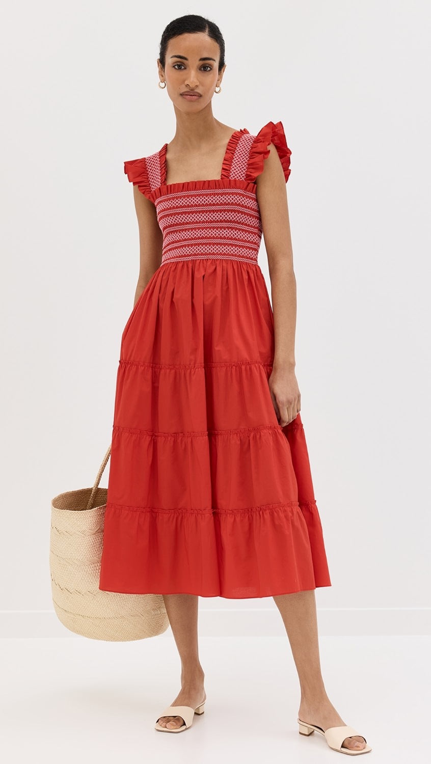 Hill House Home Ellie Cotton Poplin Nap Dress in Red Smocked Ruffle | Size XS