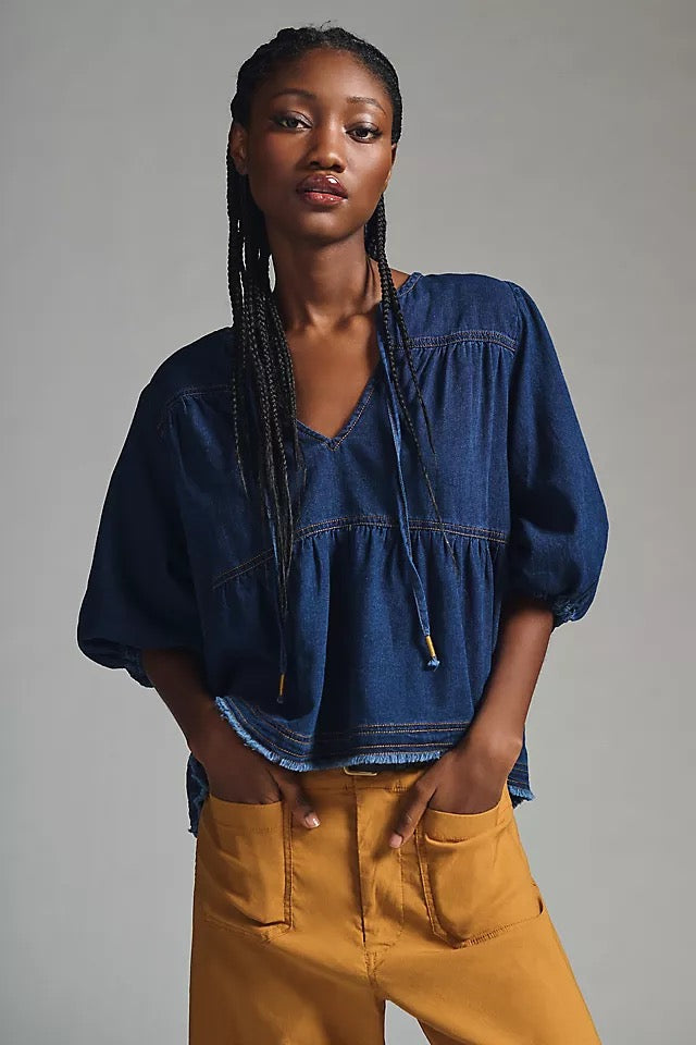 Anthropologie Pilcro Chambray Peasant Blouse in Blue | Size XXS
