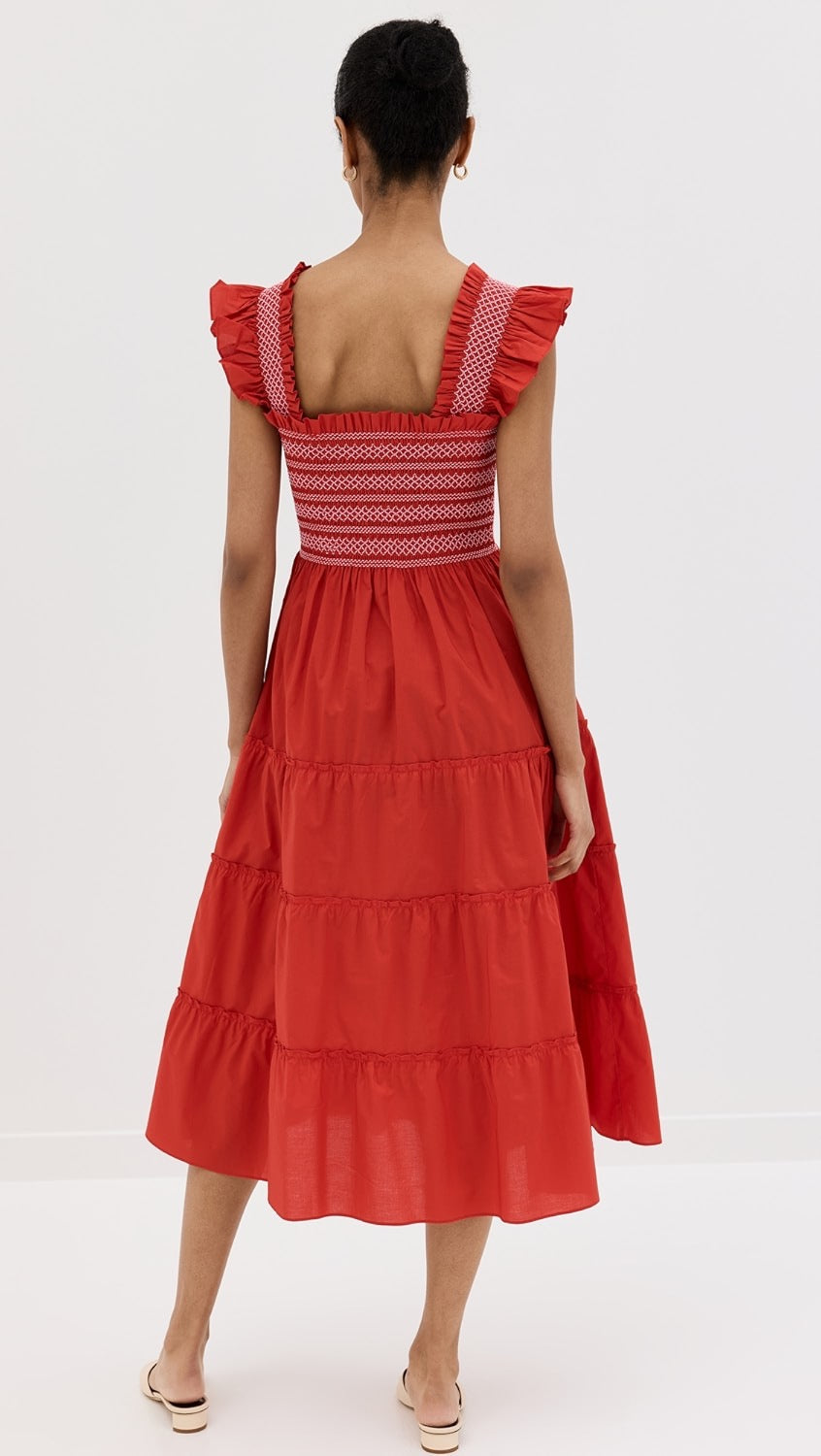 Hill House Home Ellie Cotton Poplin Nap Dress in Red Smocked Ruffle | Size XS