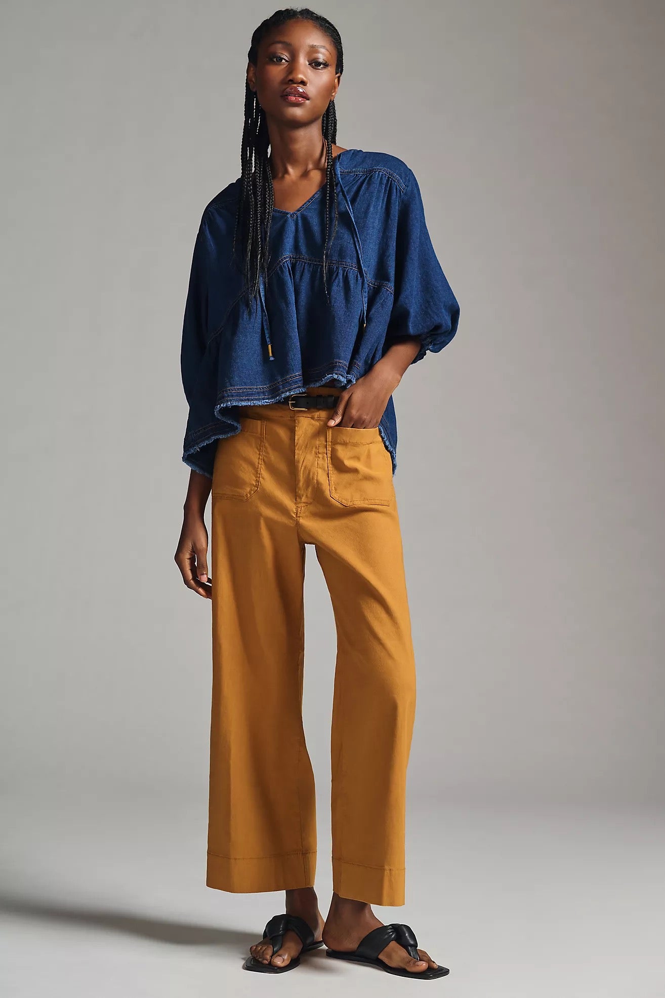 Anthropologie Pilcro Chambray Peasant Blouse in Blue | Size XXS