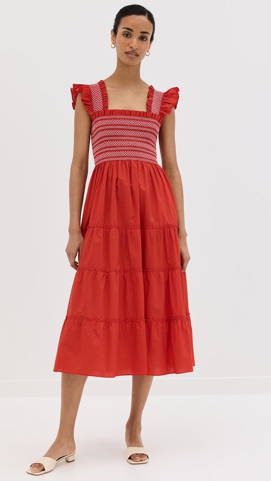 Hill House Home Ellie Cotton Poplin Nap Dress in Red Smocked Ruffle | Size XS