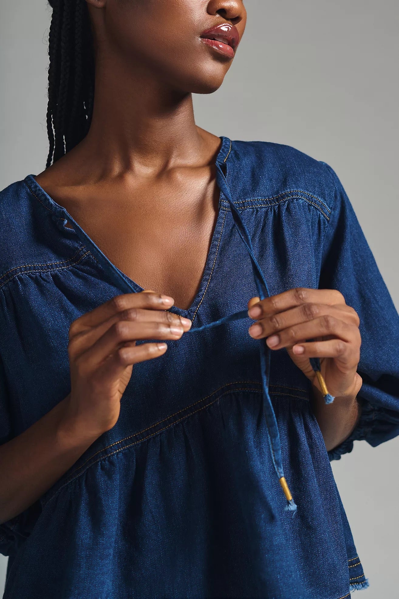 Anthropologie Pilcro Chambray Peasant Blouse in Blue | Size XXS