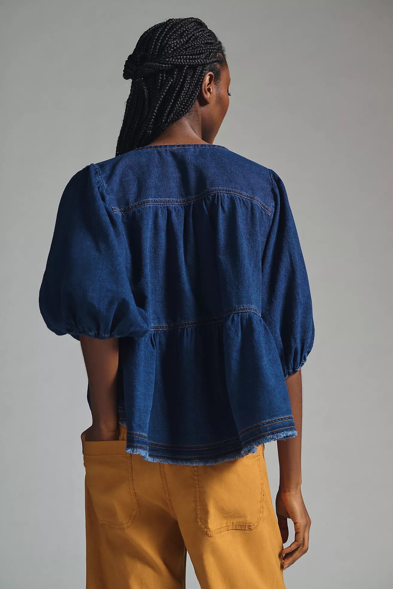 Anthropologie Pilcro Chambray Peasant Blouse in Blue | Size XXS