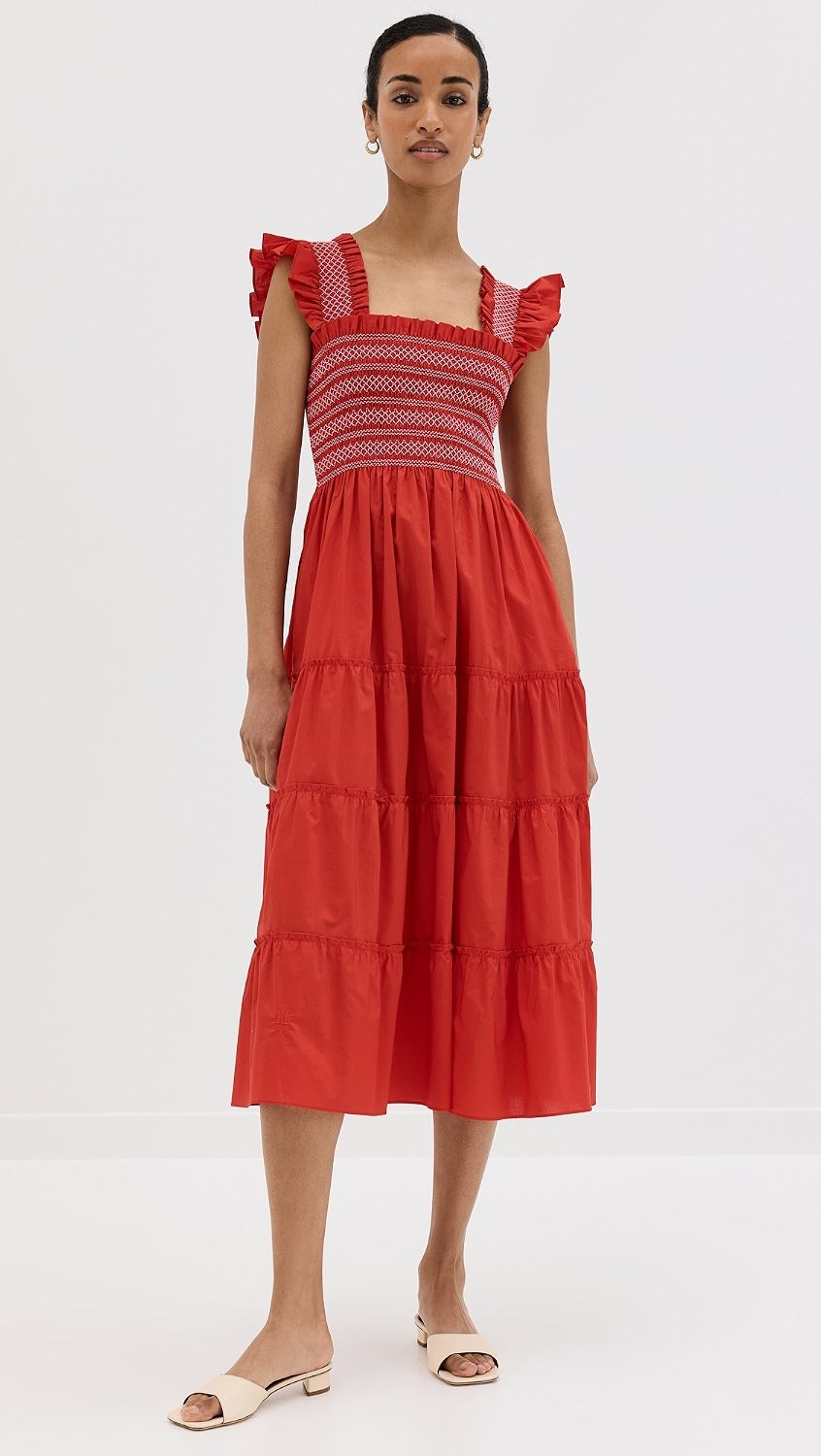Hill House Home Ellie Cotton Poplin Nap Dress in Red Smocked Ruffle | Size XS