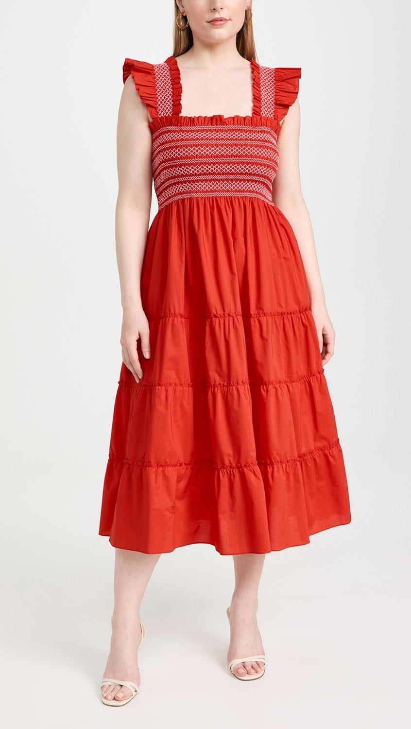 Hill House Home Ellie Cotton Poplin Nap Dress in Red Smocked Ruffle | Size XS
