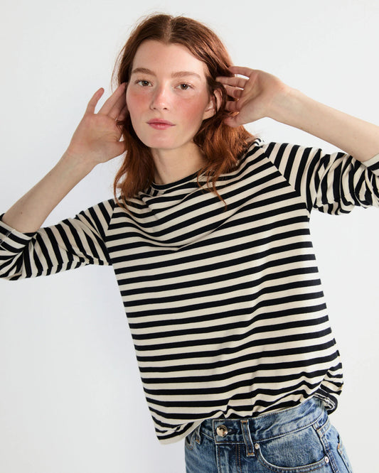 Kule The Modern Striped Long Sleeve T-Shirt in Black and Cream | Size Small