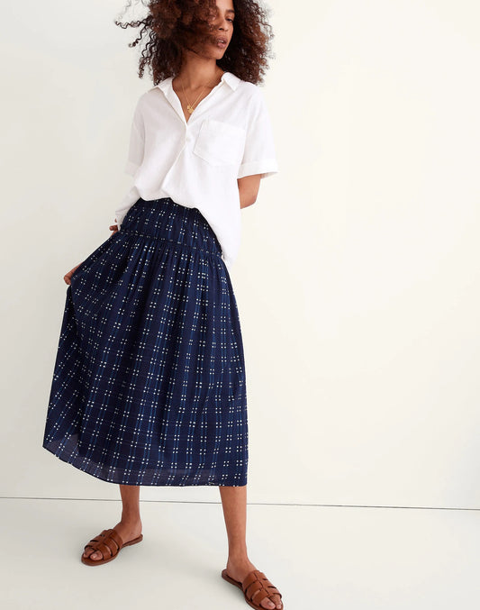 Madewell Pull-On Midi Skirt in Shibori Indigo Plaid | Size XS