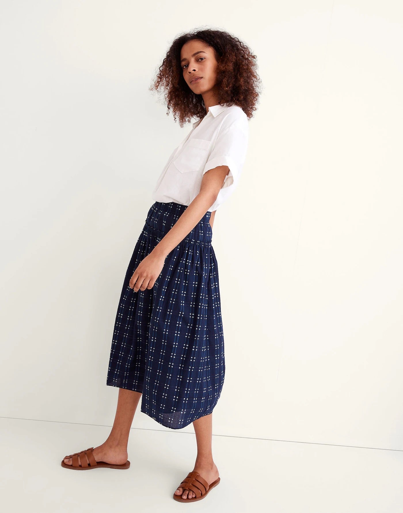 Madewell Pull-On Midi Skirt in Shibori Indigo Plaid | Size XS