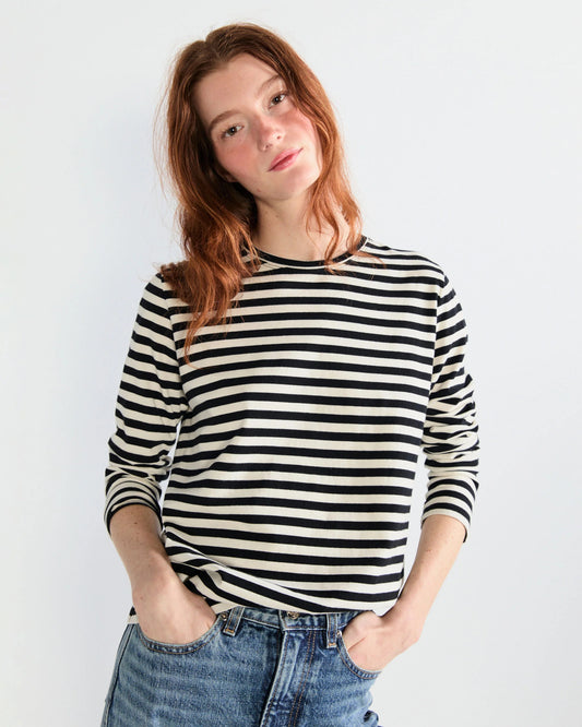 Kule The Modern Striped Long Sleeve T-Shirt in Black and Cream | Size Small