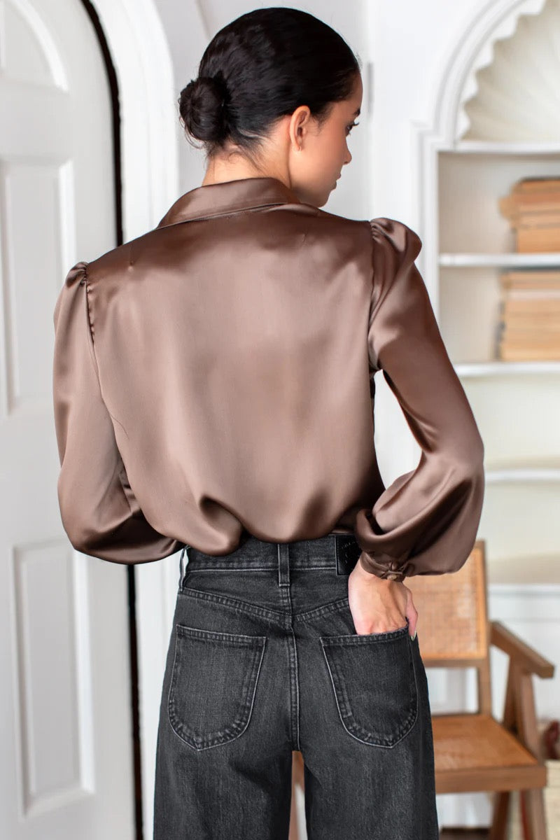 NWT Emerson Fry Silk Frankie Blouse in Latte Brown | Size Medium