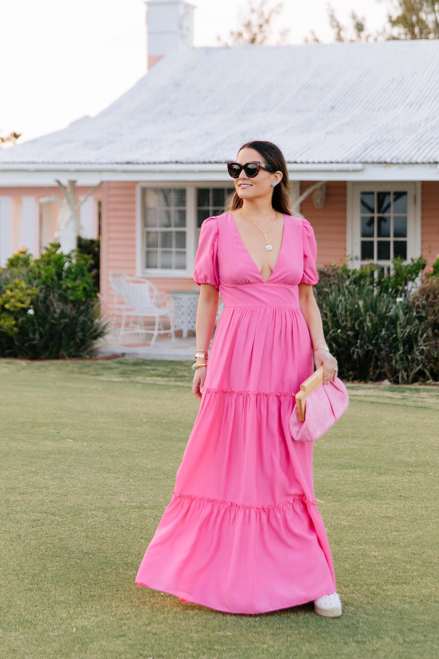NWT Sail To Sable Puff Sleeve Silk and Cotton Maxi Dress in Hibiscus Pink | Med