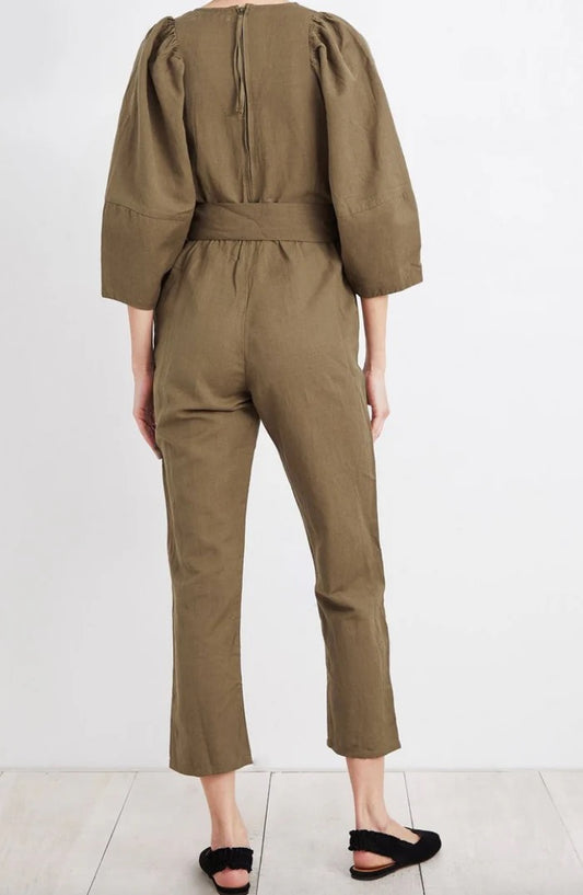 Apiece Apart Meru Wrap Linen and Cotton Olive Green Jumpsuit | Size 6