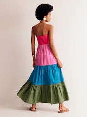 Boden Colorblock Tiered Maxi Dress in Red, Pink, Blue, and Green | Size 12