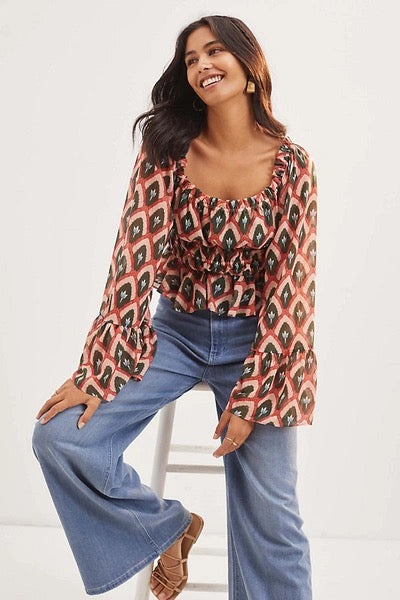 Hutch Smocked Puff Sleeve Cropped Blouse | Size Medium