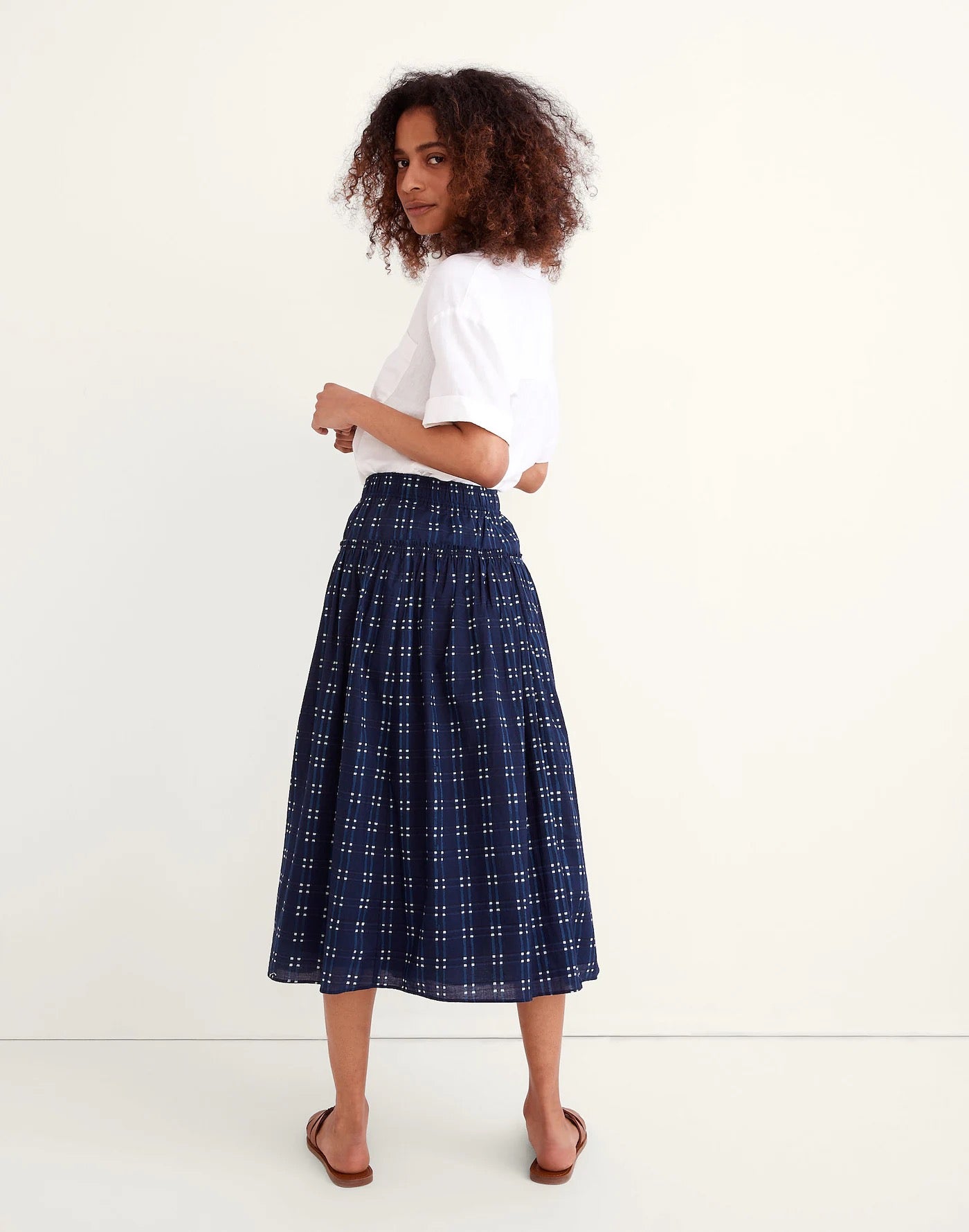 Madewell Pull-On Midi Skirt in Shibori Indigo Plaid | Size XS