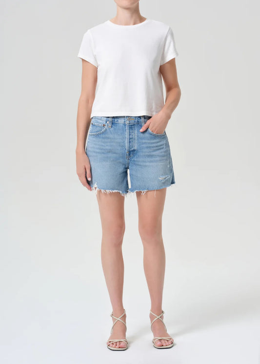 AGOLDE Parker Long High Rise Distressed Denim Shorts in Light Wash | Size 28