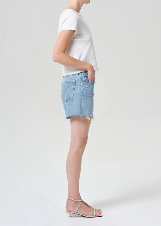 AGOLDE Parker Long High Rise Distressed Denim Shorts in Light Wash | Size 28