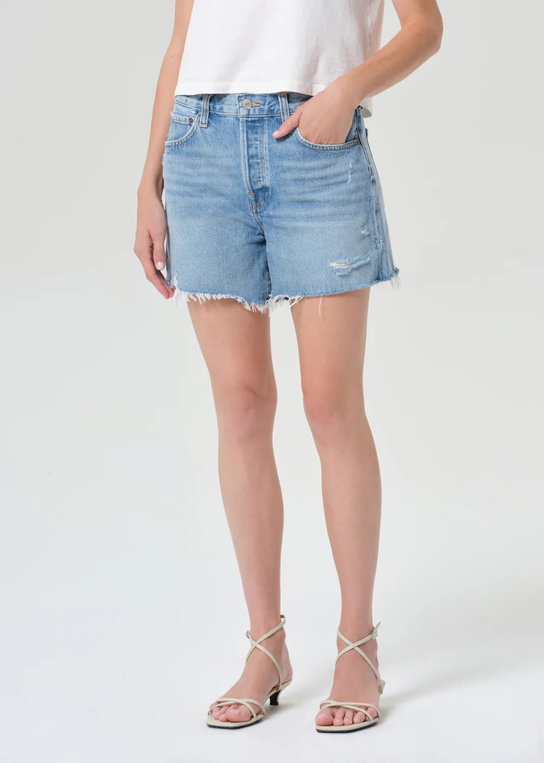 AGOLDE Parker Long High Rise Distressed Denim Shorts in Light Wash | Size 28