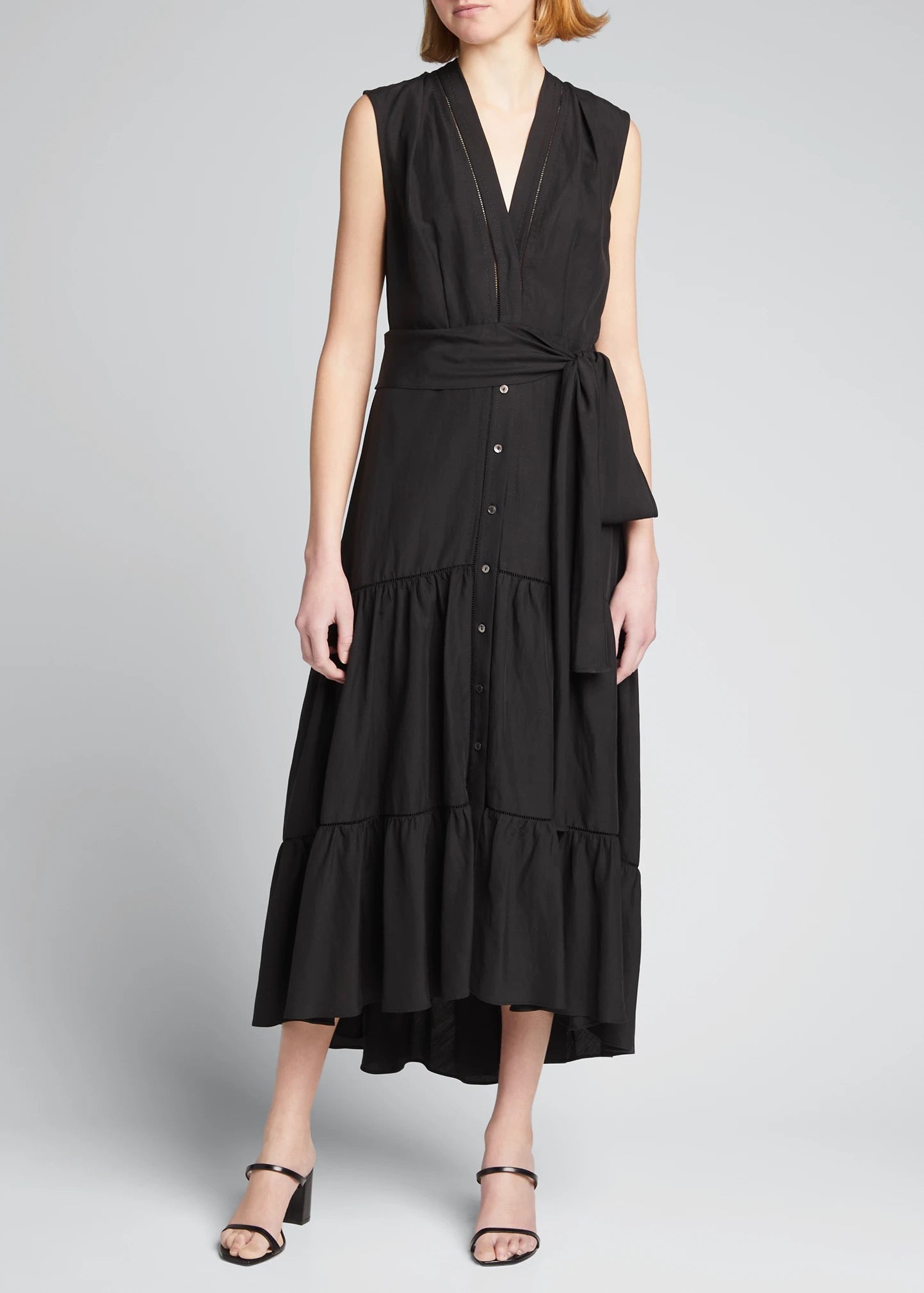 KOBI HALPERIN Anna Sleeveless Tiered Dress Black Tencel and Linen Dress | Size Large