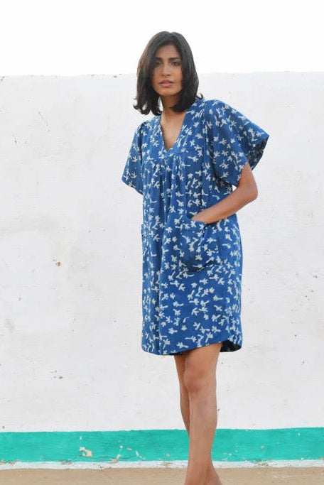 Mirth Indigo Block Print Short Cotton Mini Dress with Pockets | Size XS