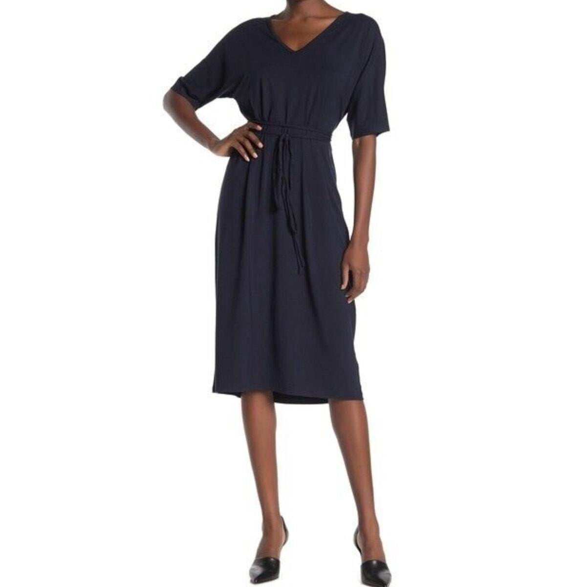 Vince Navy Blue V-Neck Tie Waist Dolman Sleeve Jersey Dress | Size Medium
