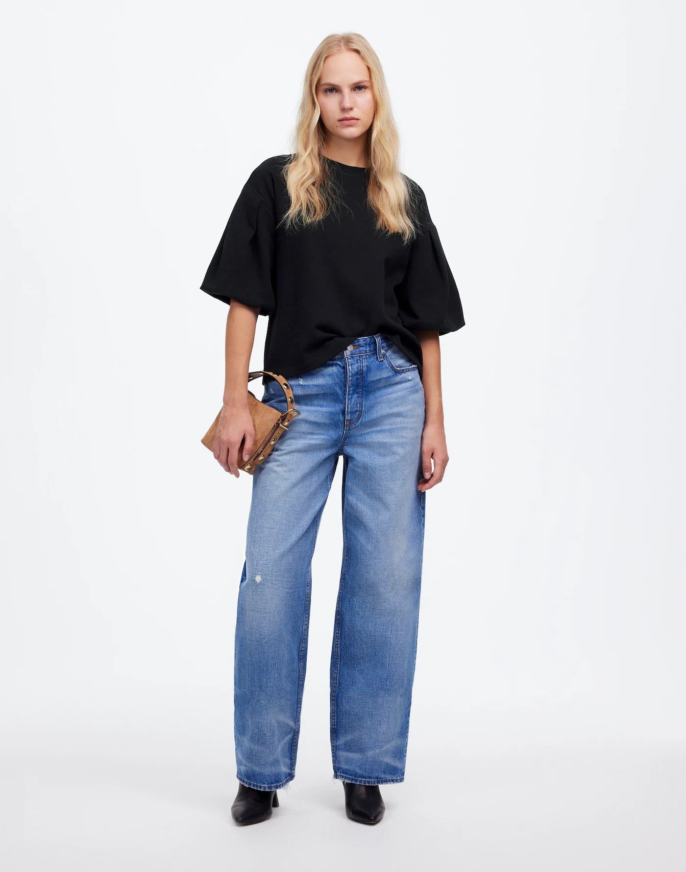 NWT Madewell Puff Sleeve Sweatshirt Tee in Black | Size Small