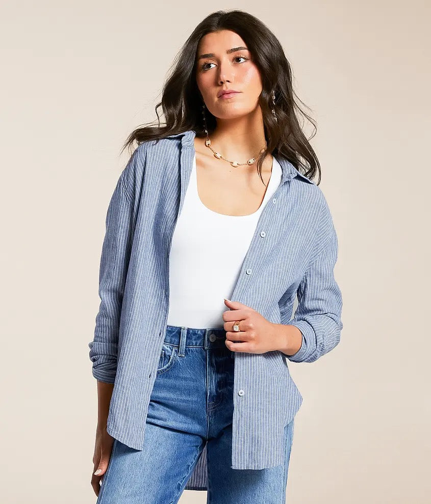 Z Supply Melody Striped Button Down Shirt in Blue and White Cotton | Size Small