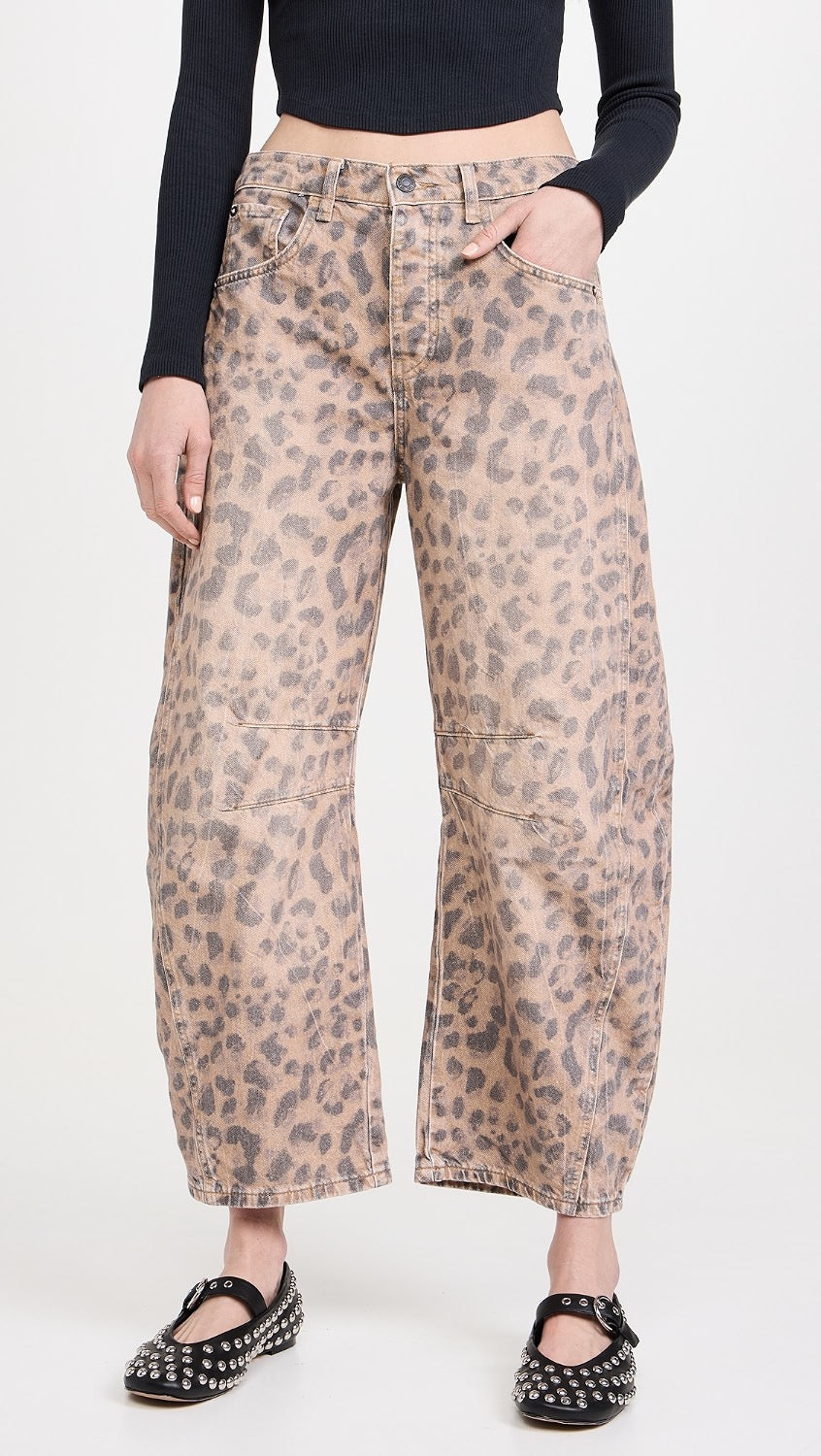 We The Free x Free People Good Luck Leopard Print Barrel Jeans | Size 27