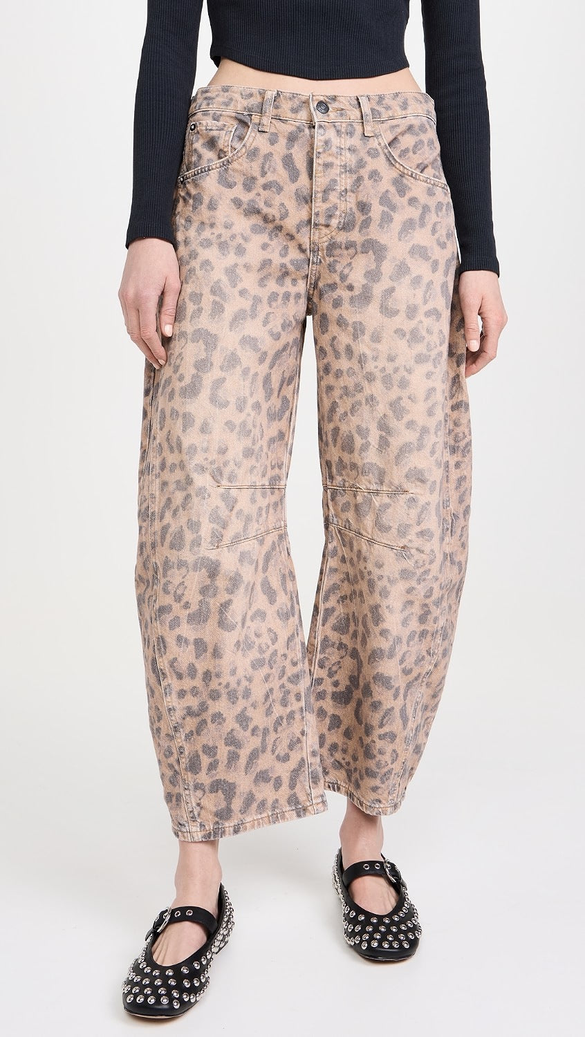 We The Free x Free People Good Luck Leopard Print Barrel Jeans | Size 27