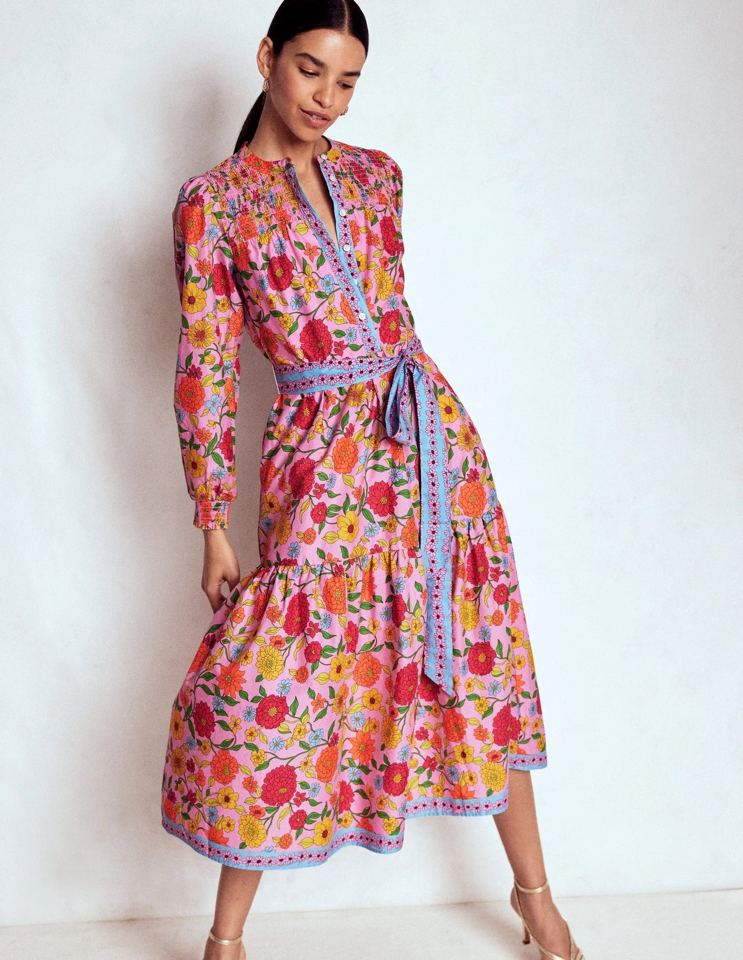Boden Cecily Pink Cotton Smocked Long Sleeve Dress | Size 6