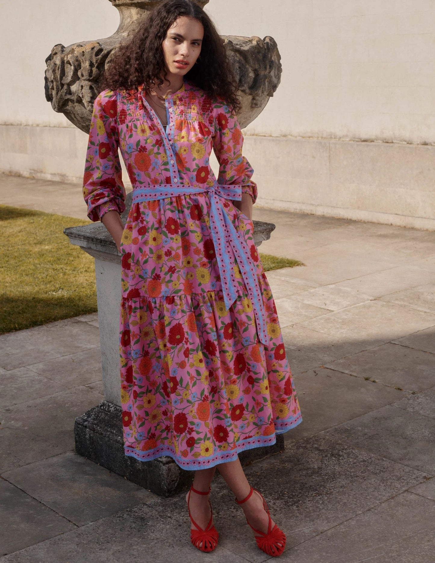 Boden Cecily Pink Cotton Smocked Long Sleeve Dress | Size 6
