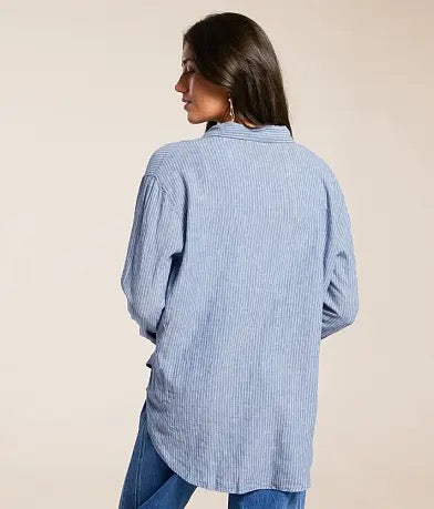 Z Supply Melody Striped Button Down Shirt in Blue and White Cotton | Size Small