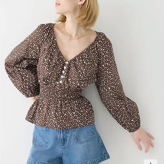J. Crew V-neck Smocked Waist Floral Top in Mocha Floral | Size Small
