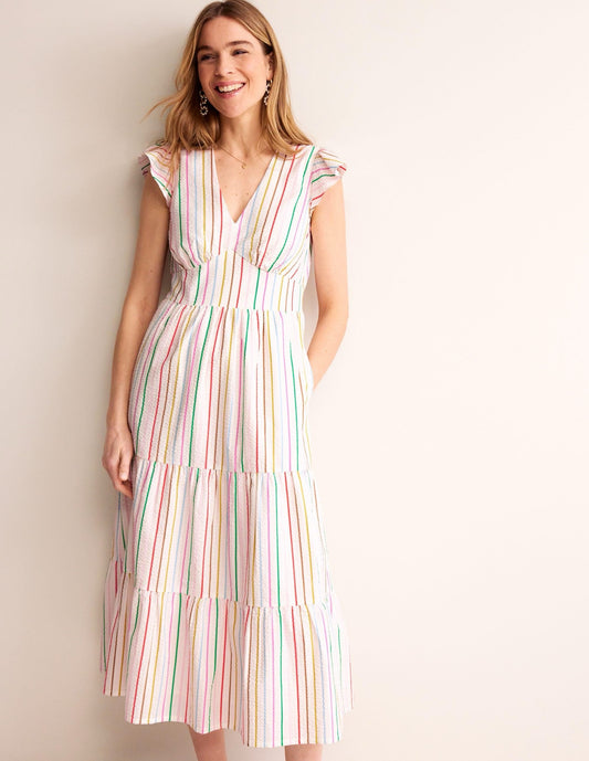 Boden Hattie Rainbow Stripe Seersucker Maxi Dress | Size 12L