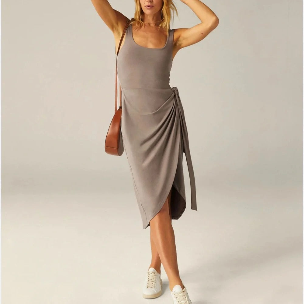 Taupe Mauve Sleeveless Wrap Midi Dress Scoop Neck Side Tie Tulip Hem