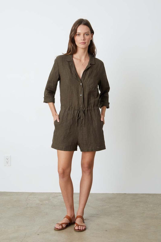 Velvet by Graham & Spencer Ruth Brown 100% Linen Long Sleeve Romper | Size Large