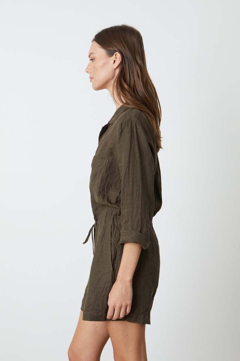 Velvet by Graham & Spencer Ruth Brown 100% Linen Long Sleeve Romper | Size Large