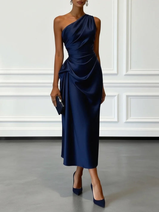 NWT Fehaute Purplish Blue Ruched Satin One Shoulder Sleeveless A-Line Midi Dress
