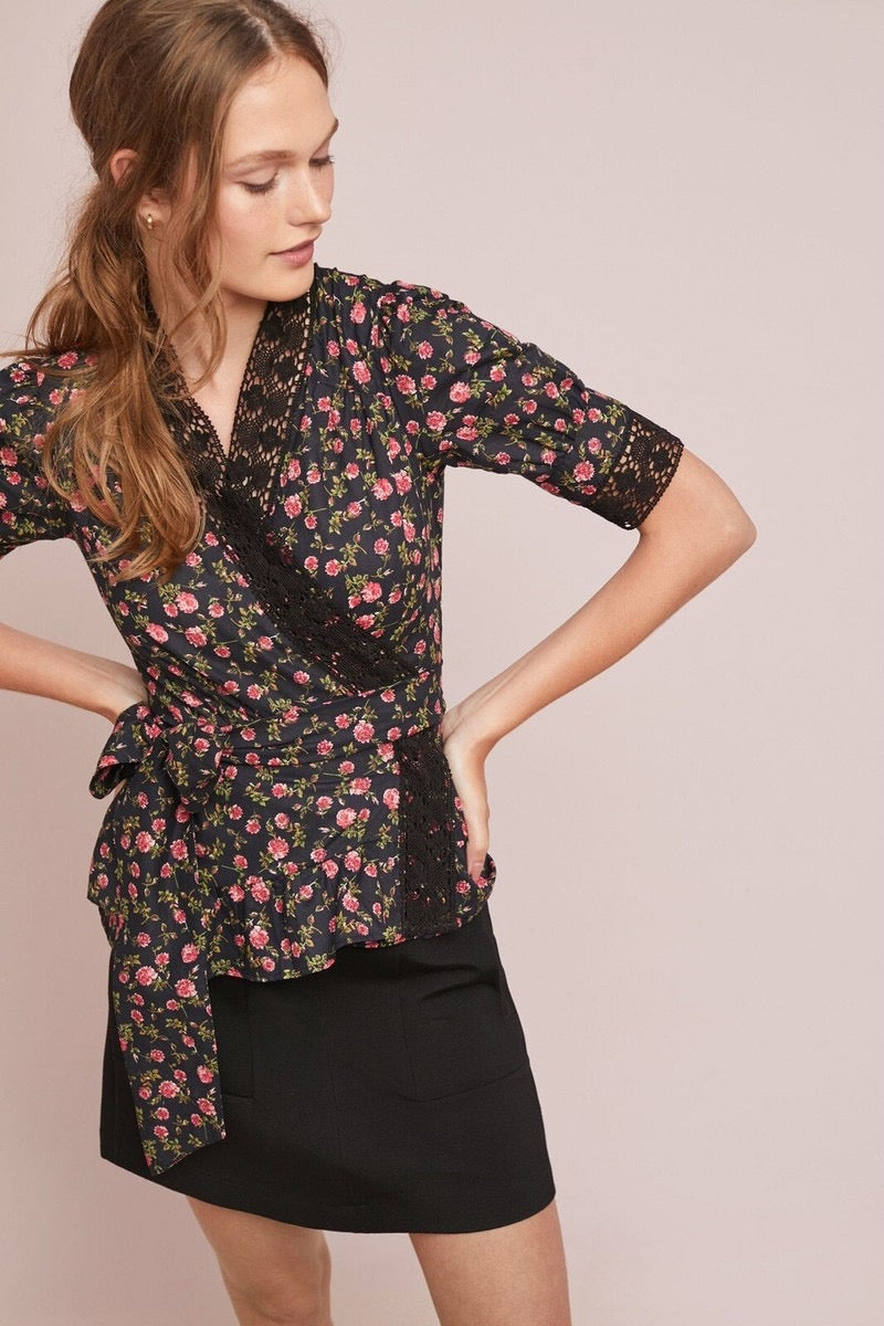 Anthropologie Lavaudie Floral Wrap Top in Black Motif by Kopal | Size Medium