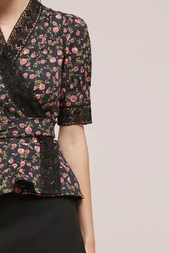 Anthropologie Lavaudie Floral Wrap Top in Black Motif by Kopal | Size Medium