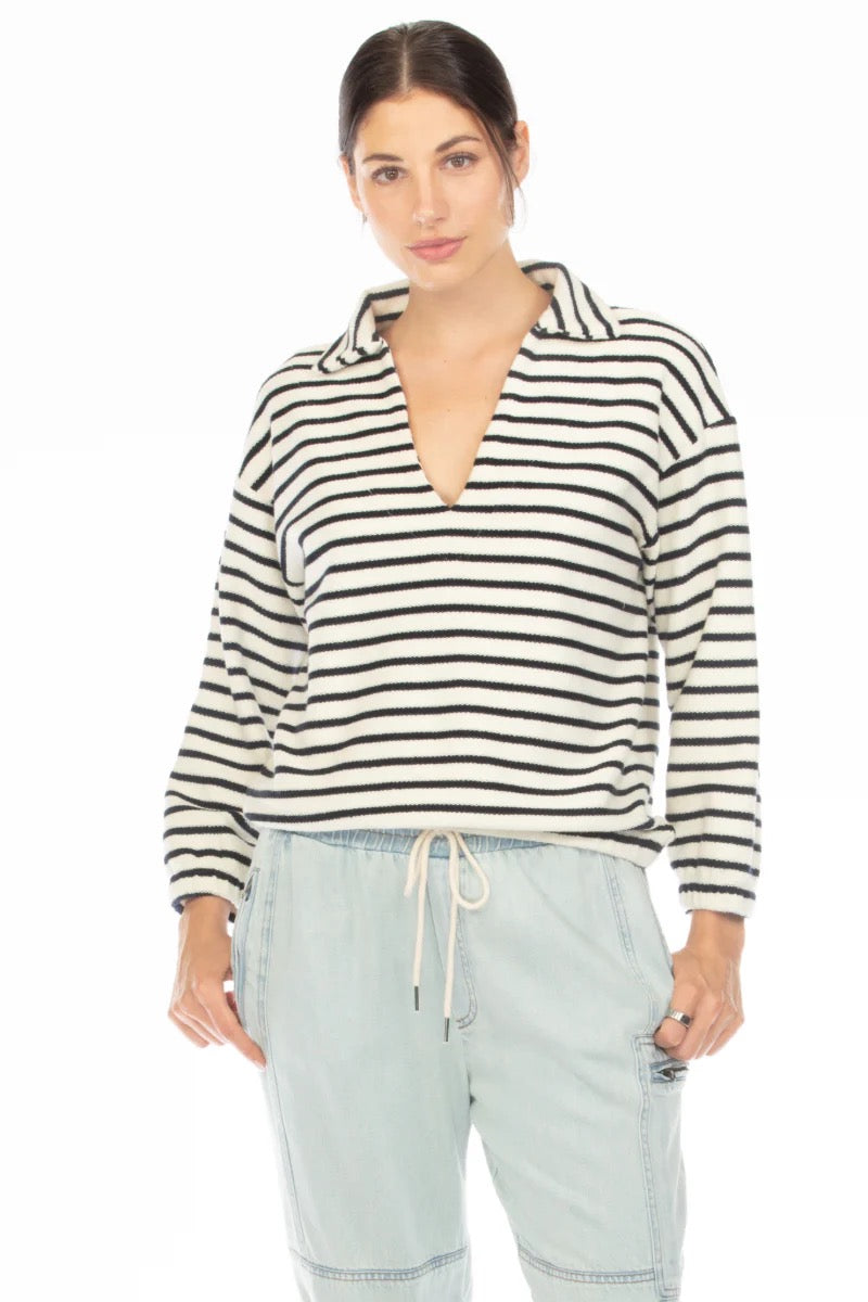 Hello Nite Kai Johnny Collar Cotton Striped Pullover Sweatshirt | Size Large
