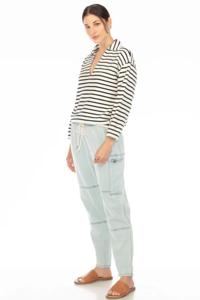 Hello Nite Kai Johnny Collar Cotton Striped Pullover Sweatshirt | Size Large