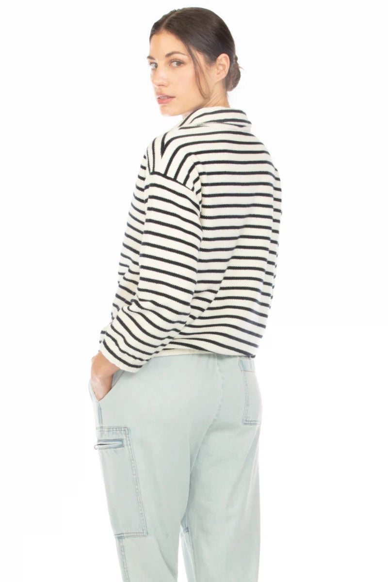 Hello Nite Kai Johnny Collar Cotton Striped Pullover Sweatshirt | Size Large