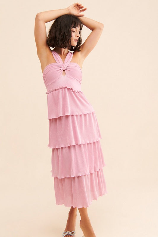 NWT Saylor Esperanza Bubblegum Pink Tiered Ruffle Metallic Dress | Size Large